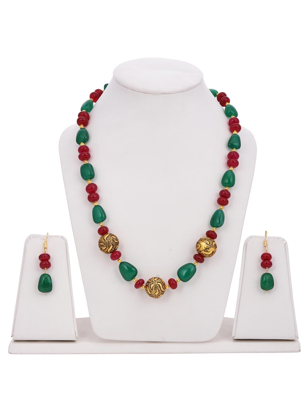 Traditional Red Green Stones Antique Necklace Set