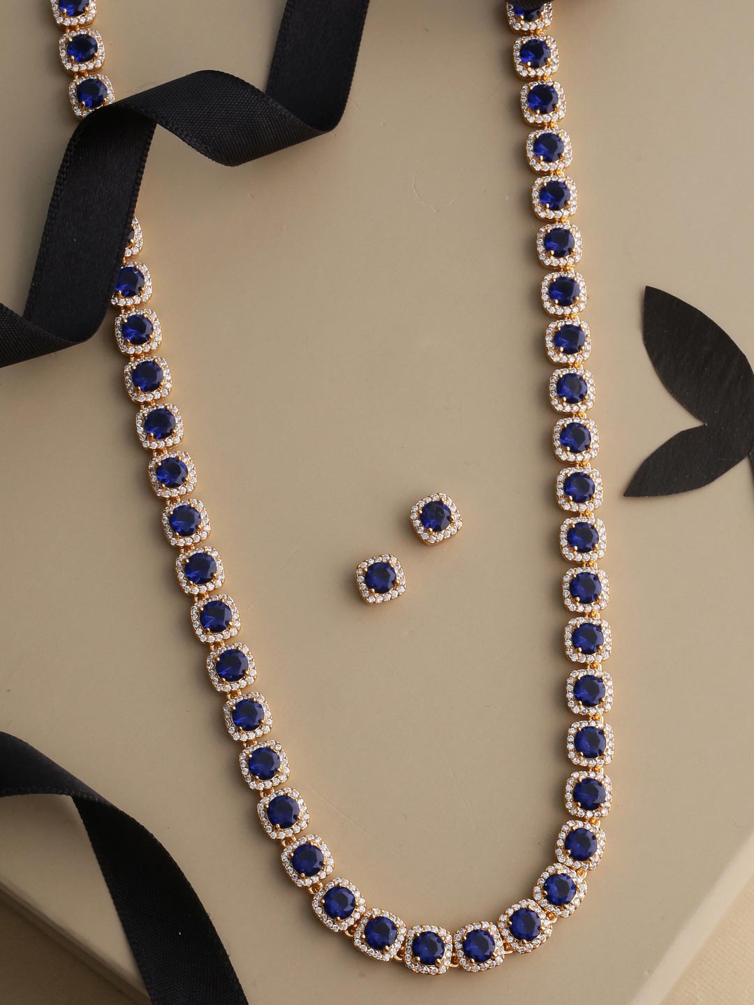 Classic Single Line Blue Stones and American Diamonds Necklace Set