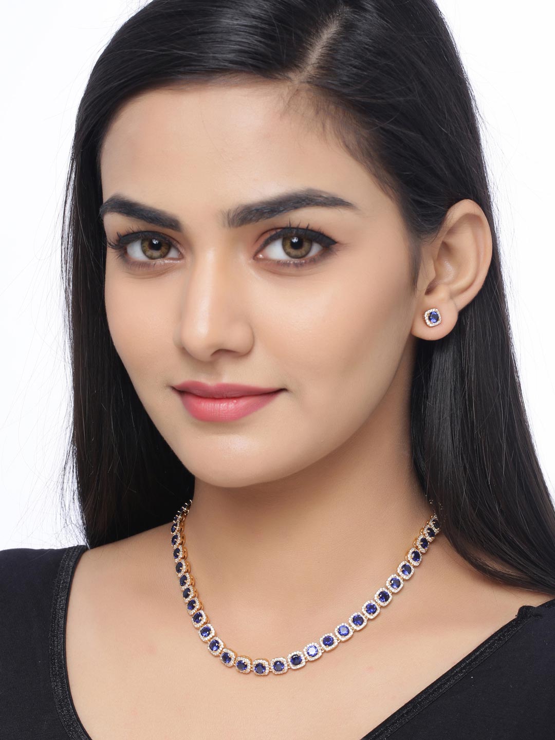 Classic Single Line Blue Stones and American Diamonds Necklace Set