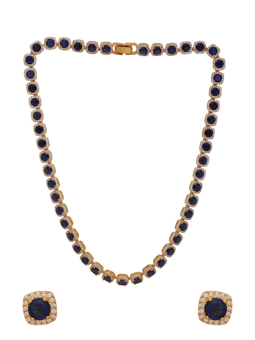 Classic Single Line Blue Stones and American Diamonds Necklace Set