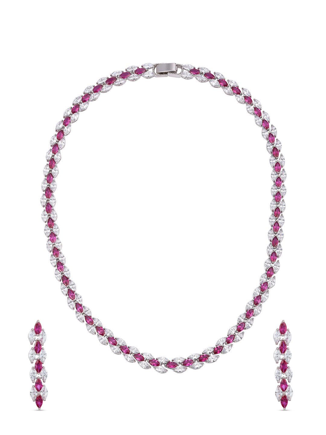 Stylish Designer Sleek Red Stones White Gold Plated Single Line Necklace Set