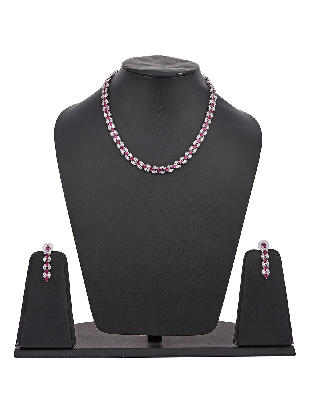 Stylish Designer Sleek Red Stones White Gold Plated Single Line Necklace Set