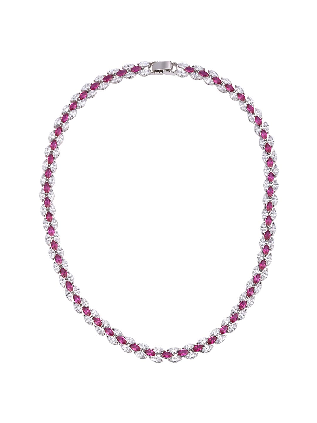 Stylish Designer Sleek Red Stones White Gold Plated Single Line Necklace Set