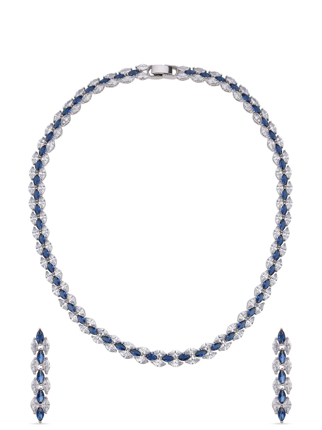 Stylish Designer Sleek Blue Stones White Gold Plated Single Line Necklace Set