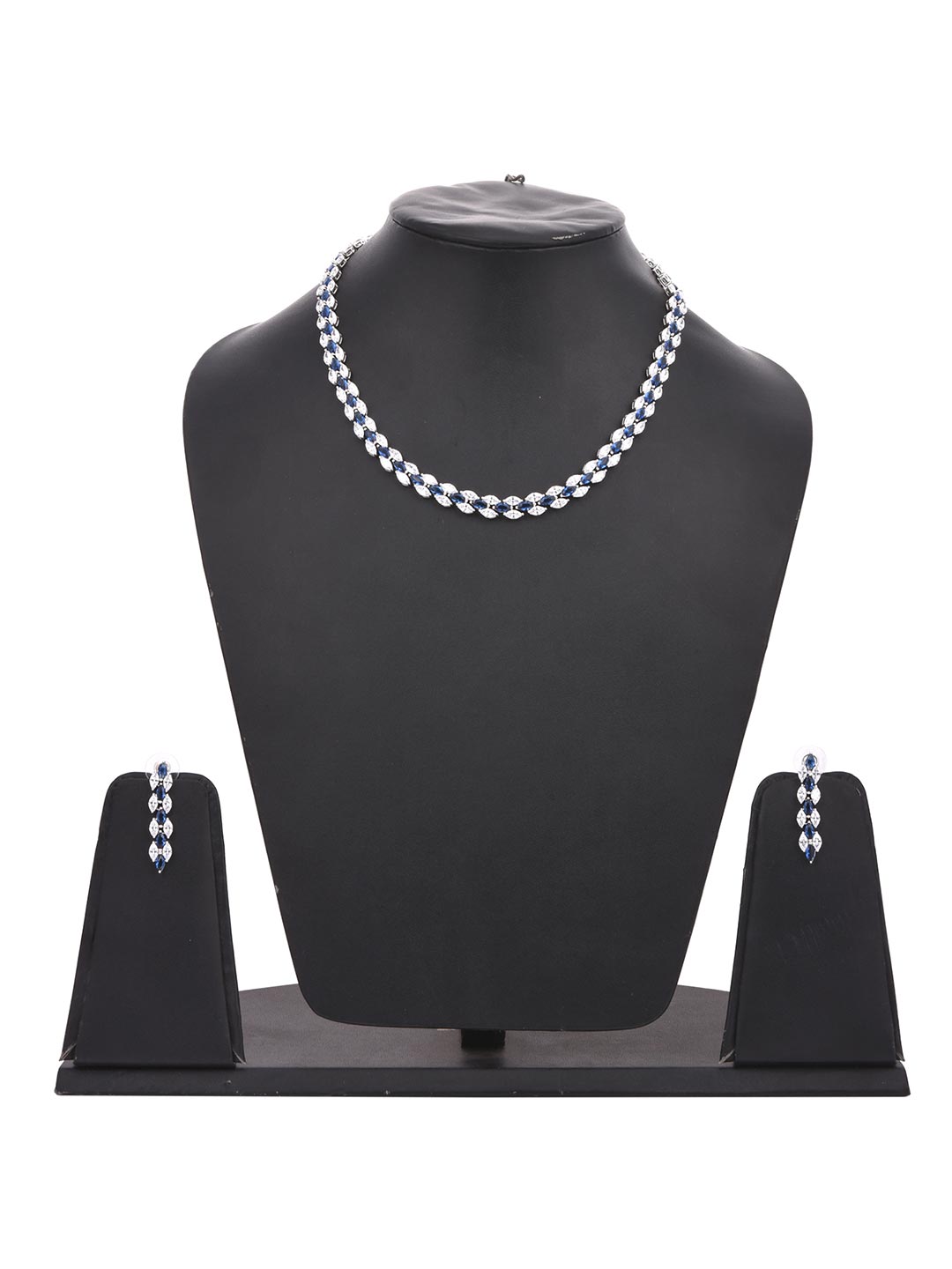 Stylish Designer Sleek Blue Stones White Gold Plated Single Line Necklace Set