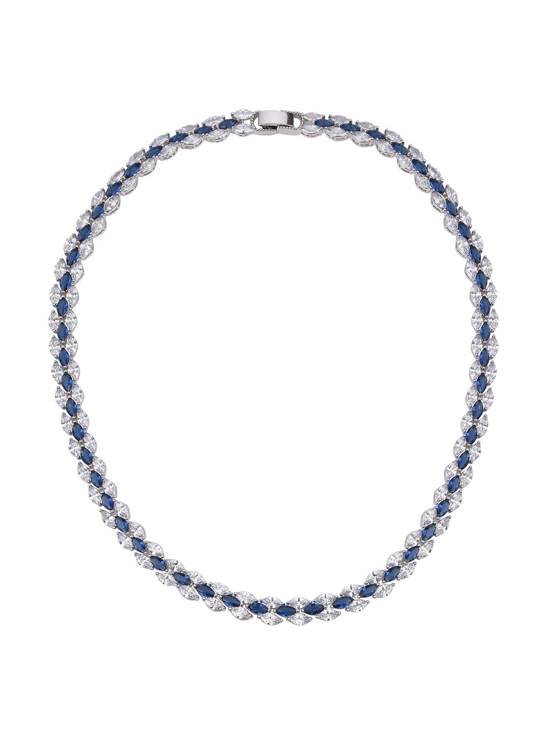 Stylish Designer Sleek Blue Stones White Gold Plated Single Line Necklace Set