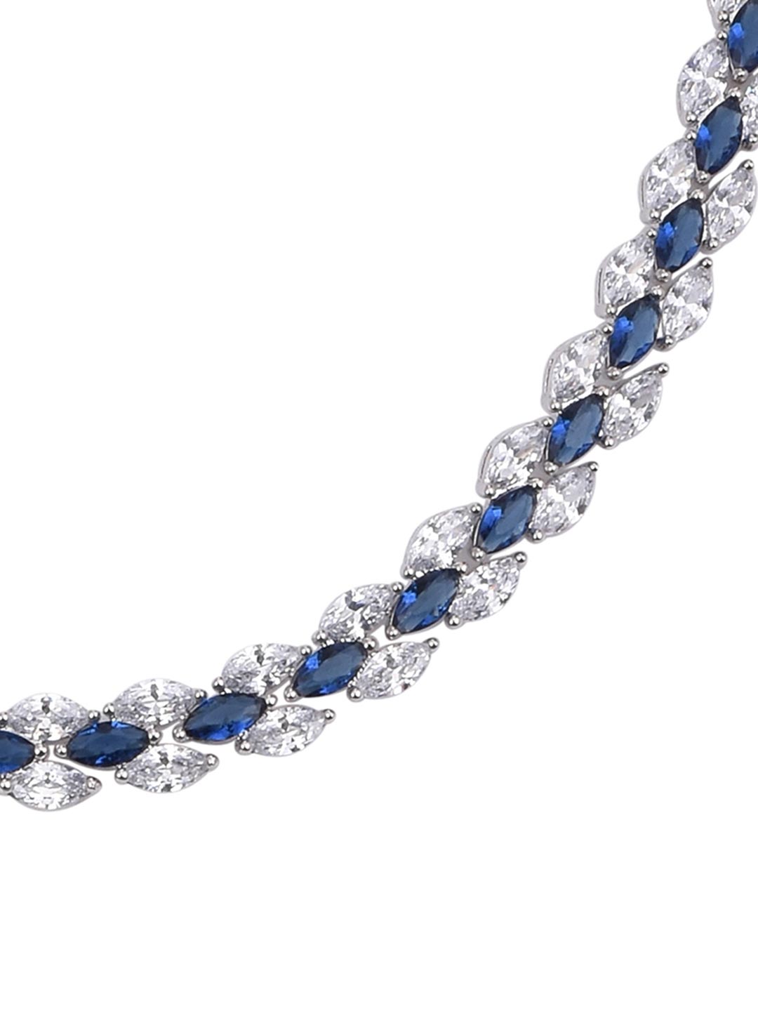Stylish Designer Sleek Blue Stones White Gold Plated Single Line Necklace Set
