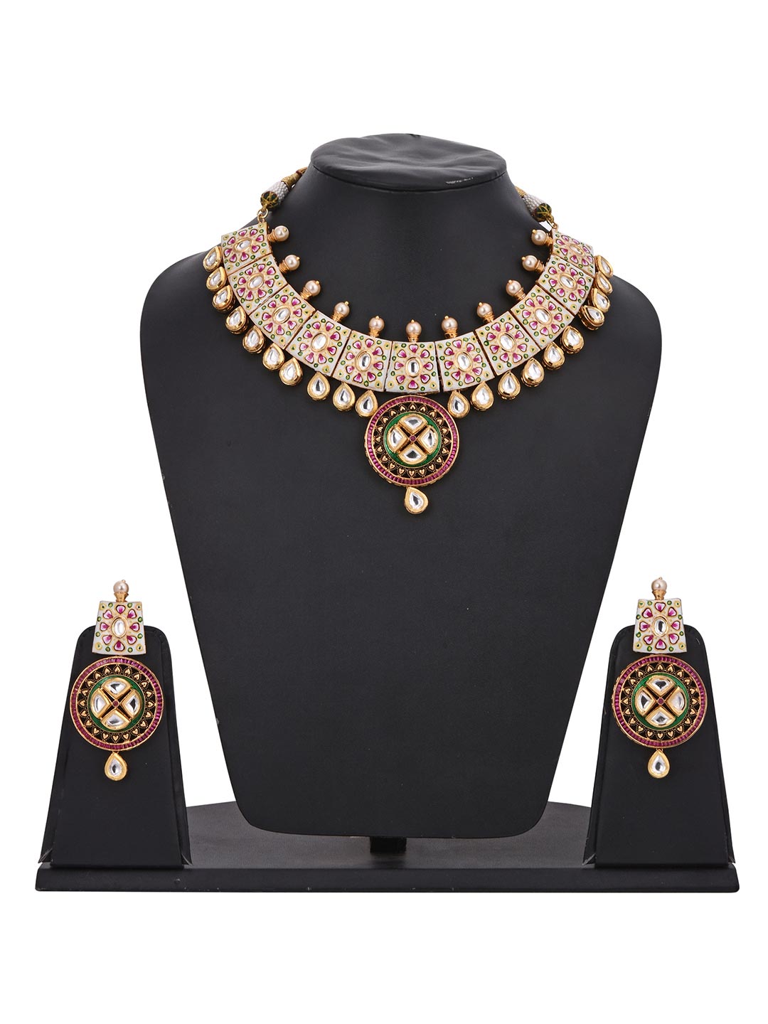 Traditional Hand Painted White Meenakari Polki Necklace Set