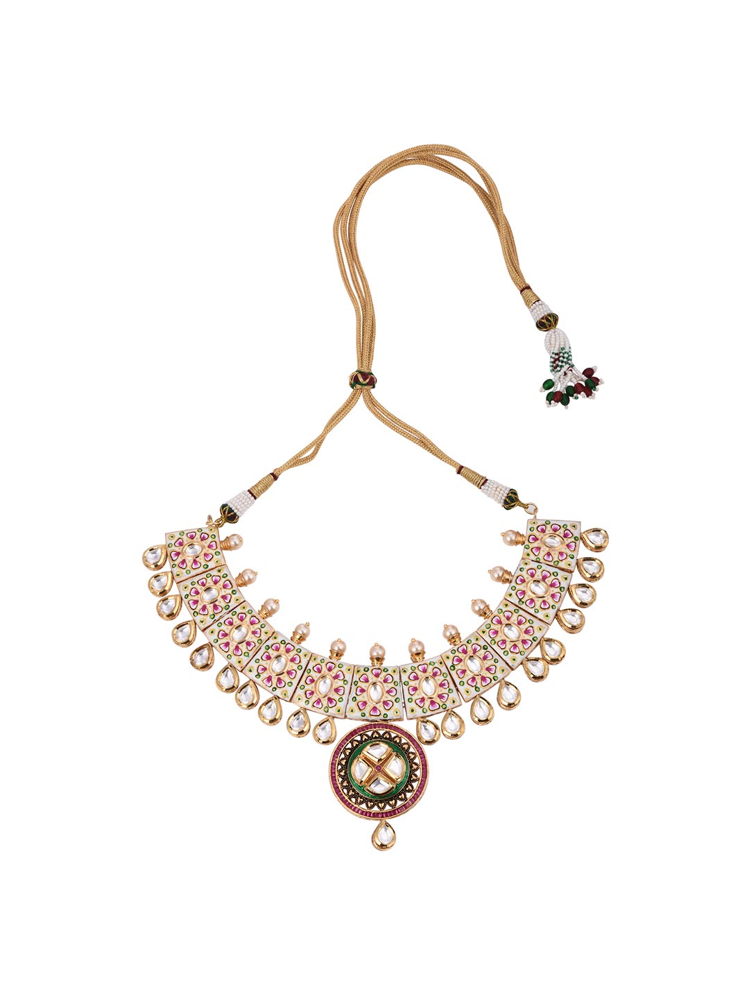 Traditional Hand Painted White Meenakari Polki Necklace Set