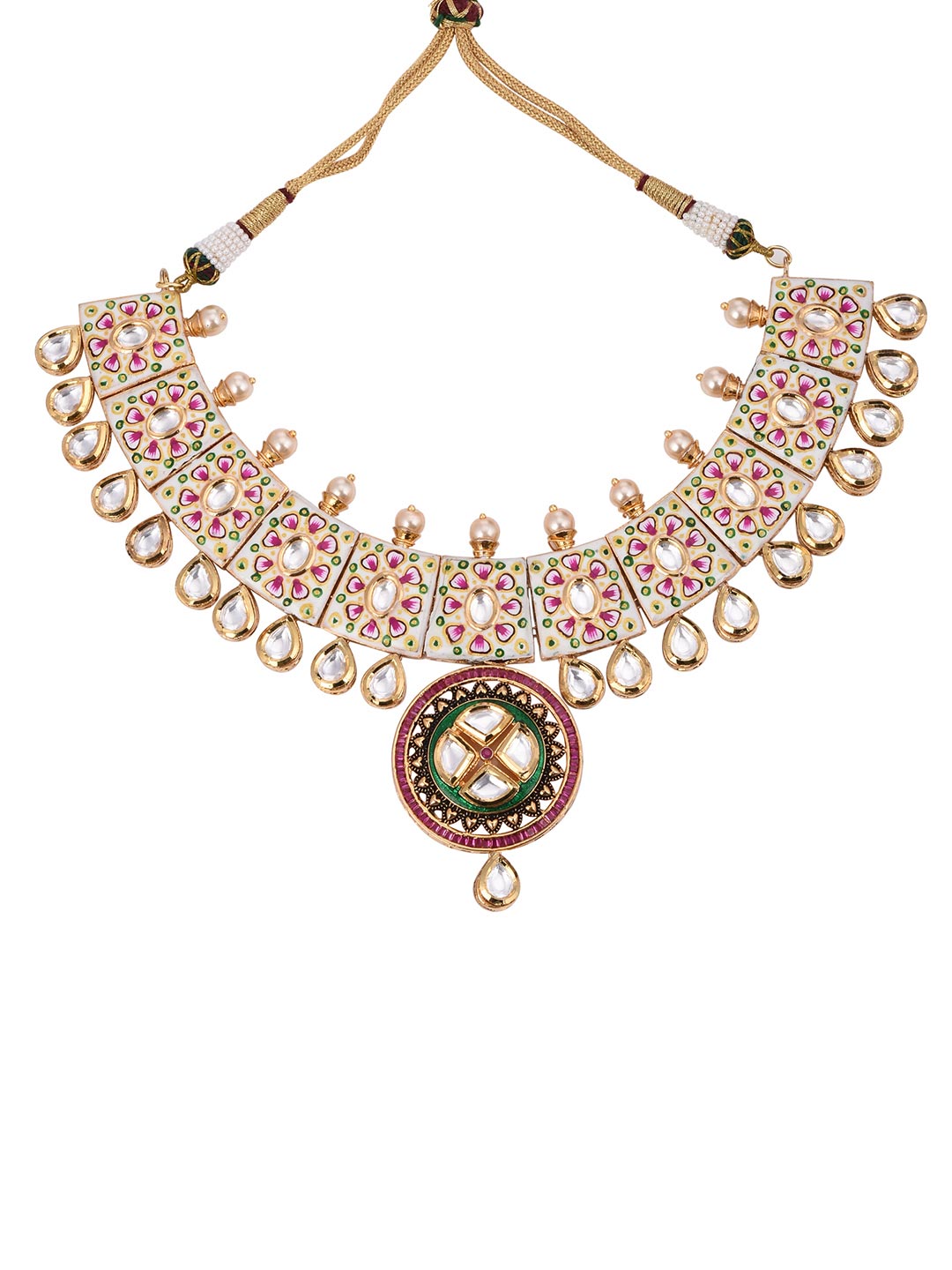 Traditional Hand Painted White Meenakari Polki Necklace Set