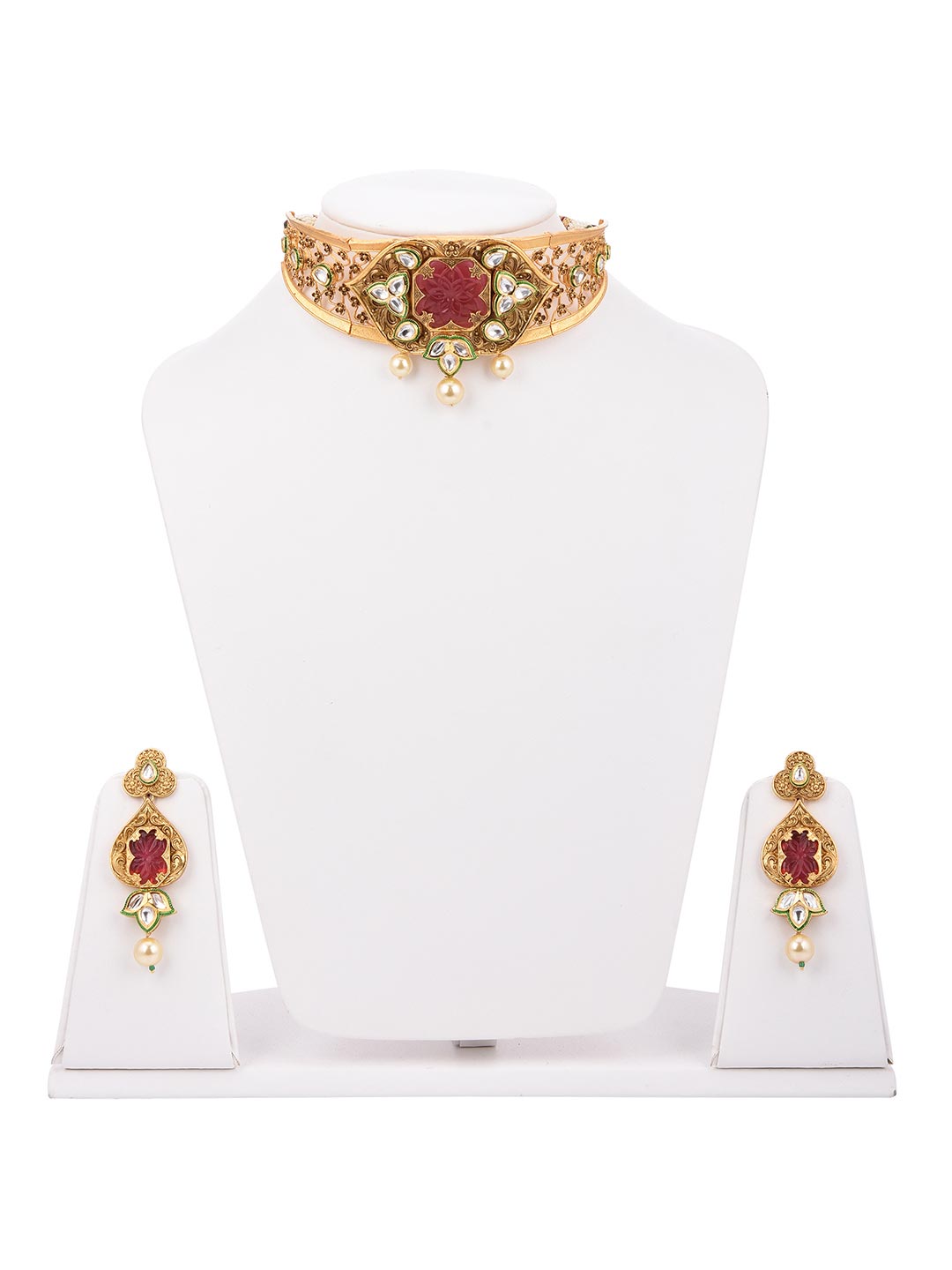 Ethnic Polki and Carving Stone Floral Designer Choker Necklace Set