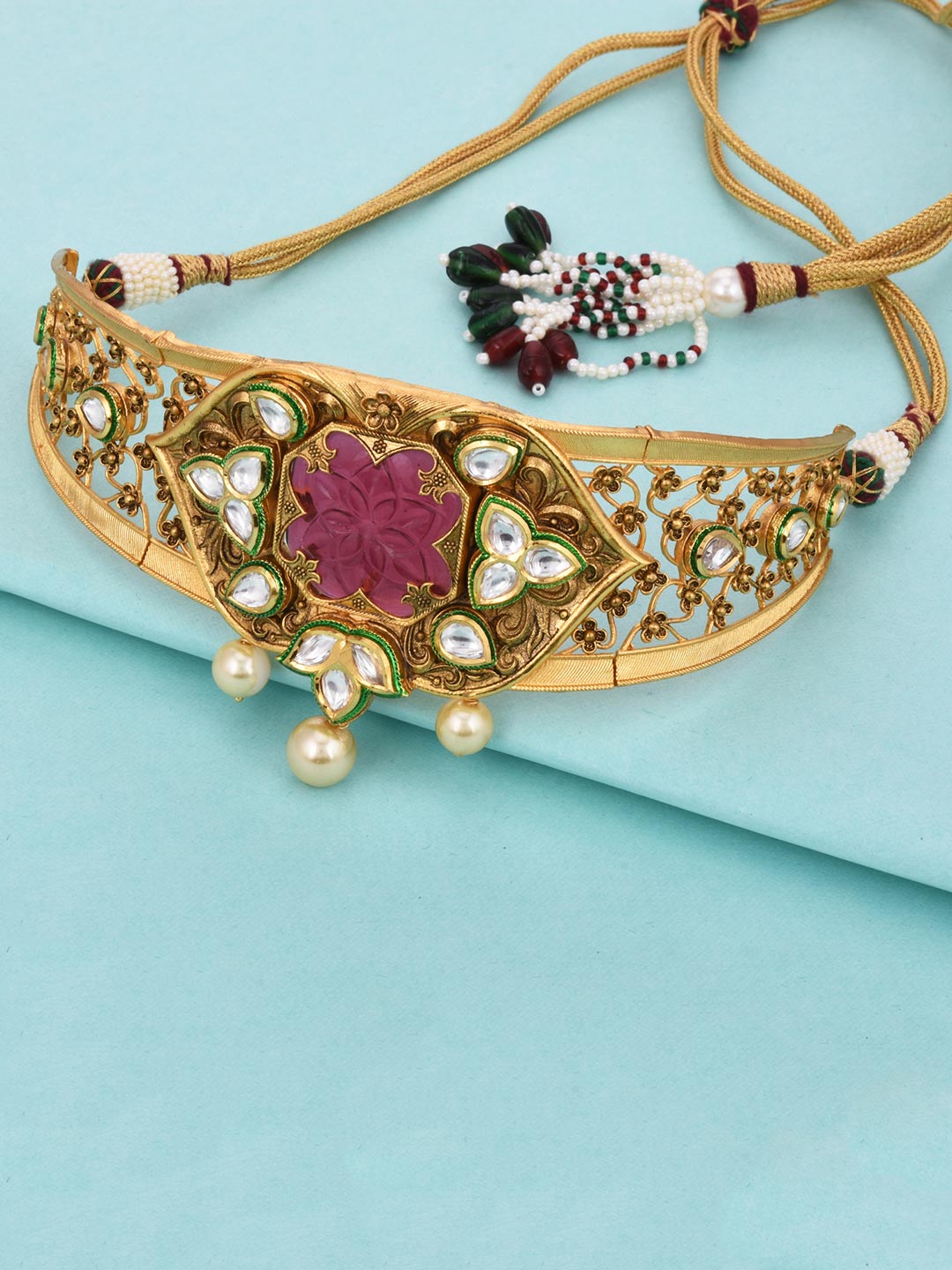 Ethnic Polki and Carving Stone Floral Designer Choker Necklace Set