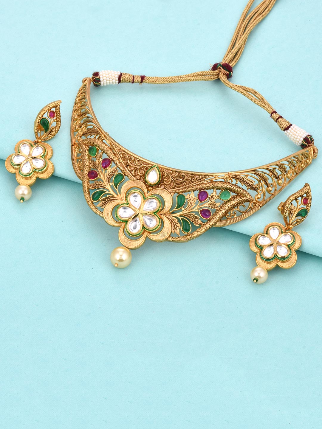 Traditional Colored Stones and Floral Filigree Necklace Set