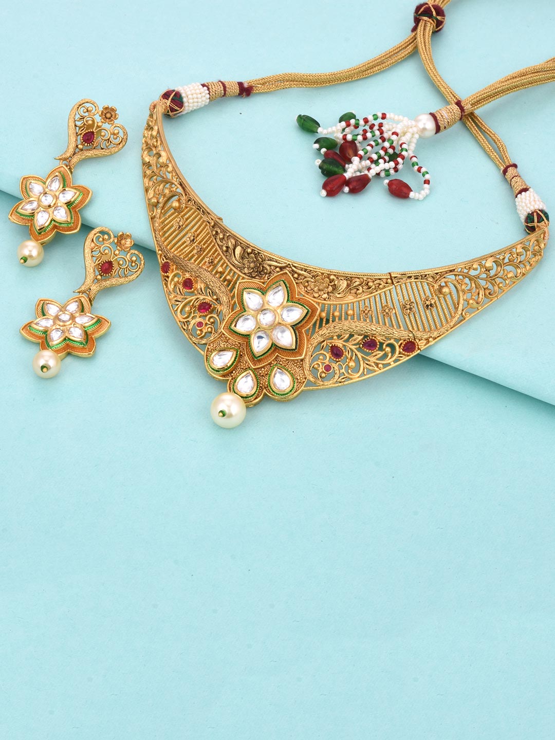 Traditional Colored Stones and Floral Filigree Necklace Set