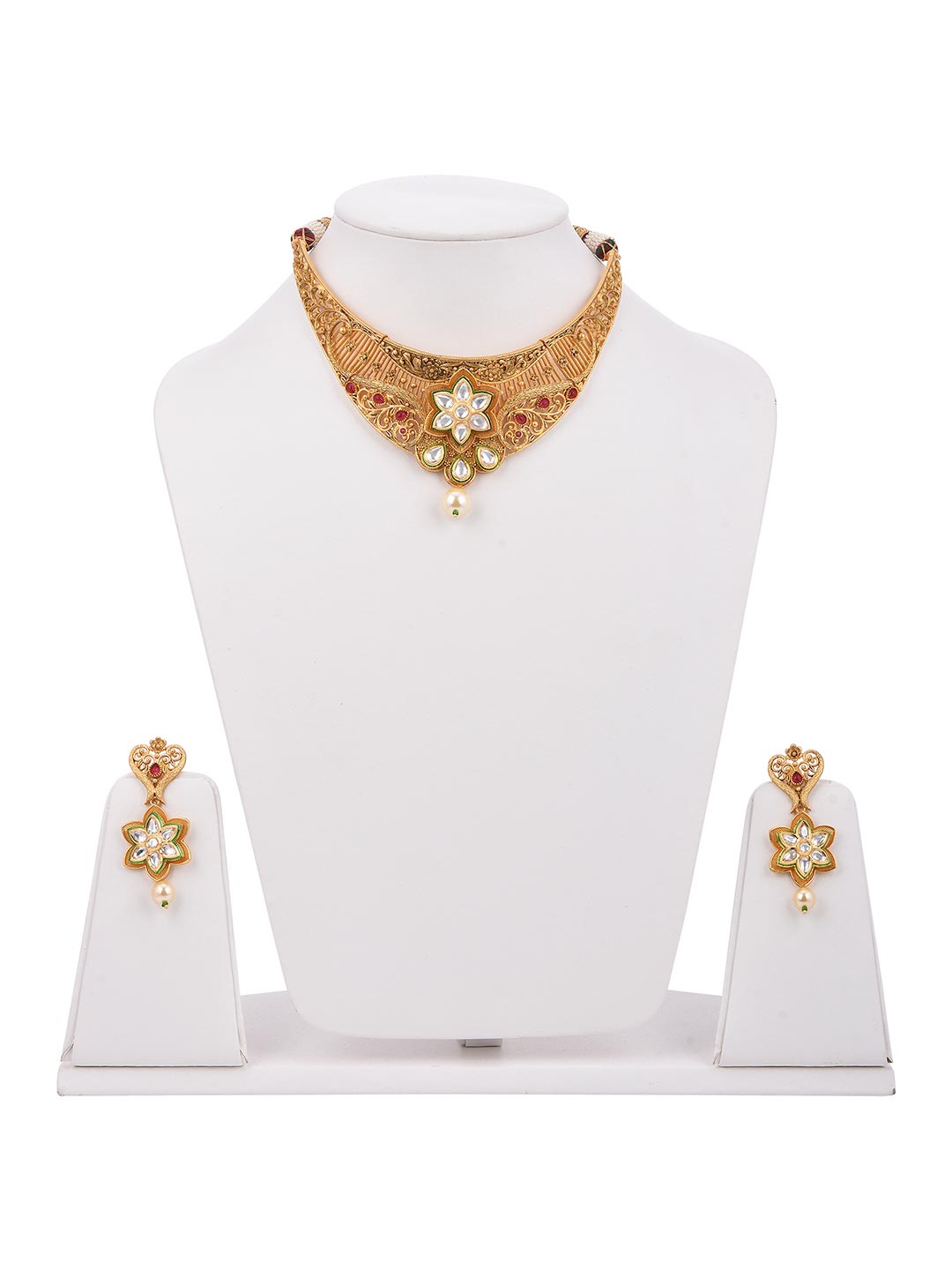 Traditional Colored Stones and Floral Filigree Necklace Set