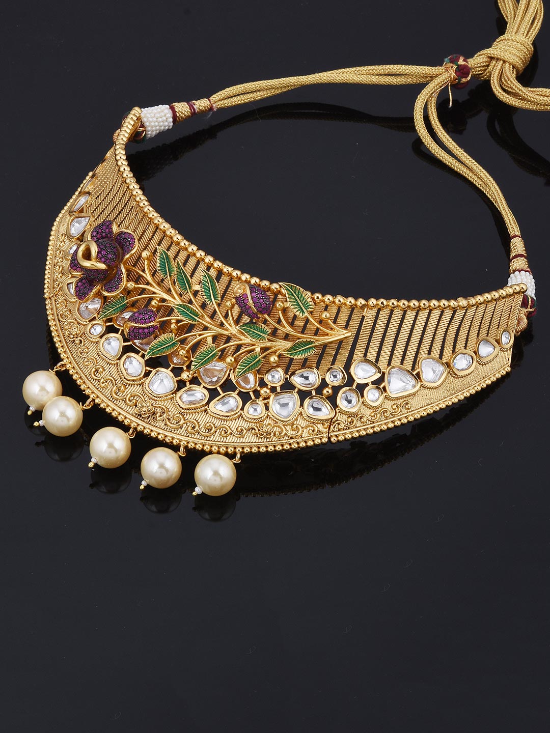 Floral Kundan Colored Stones Designer Choker Necklace Set