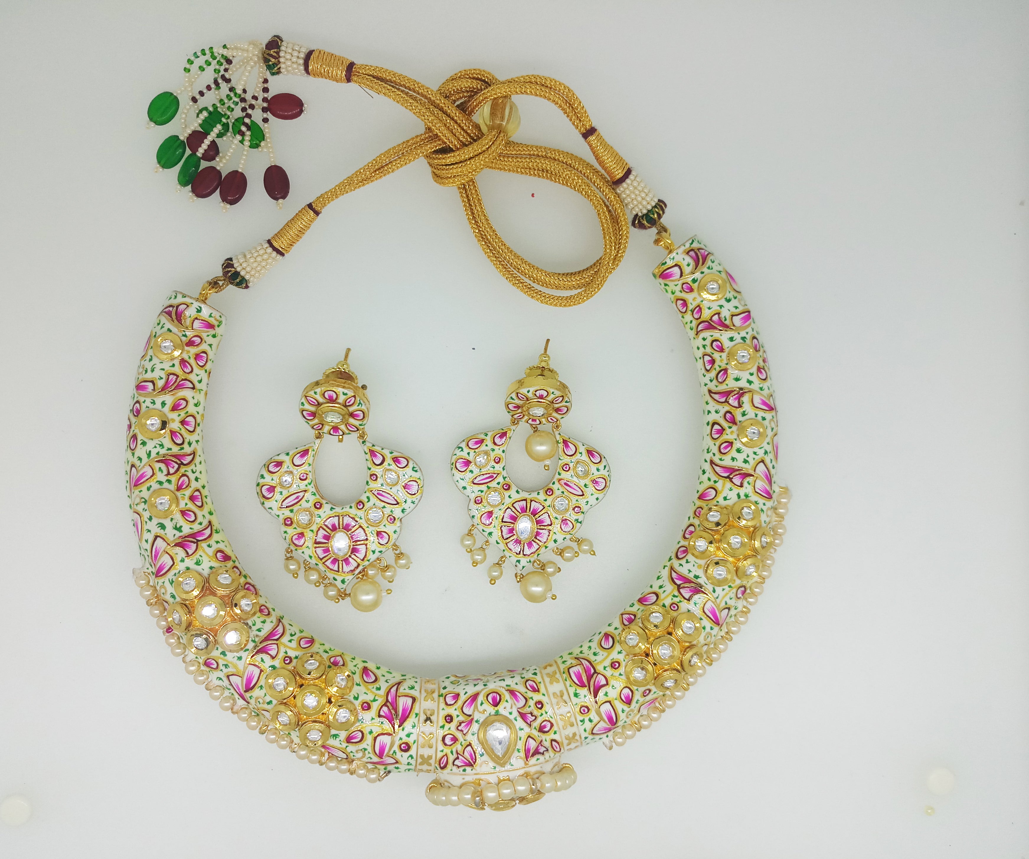 Traditional Hand Made White Meenakari Husli Necklace Set