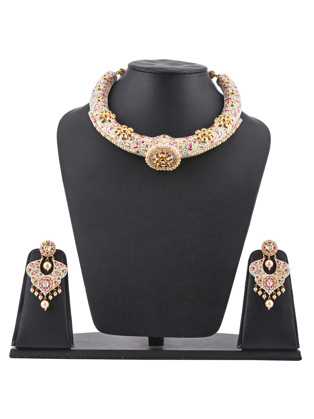 Traditional Hand Made White Meenakari Husli Necklace Set