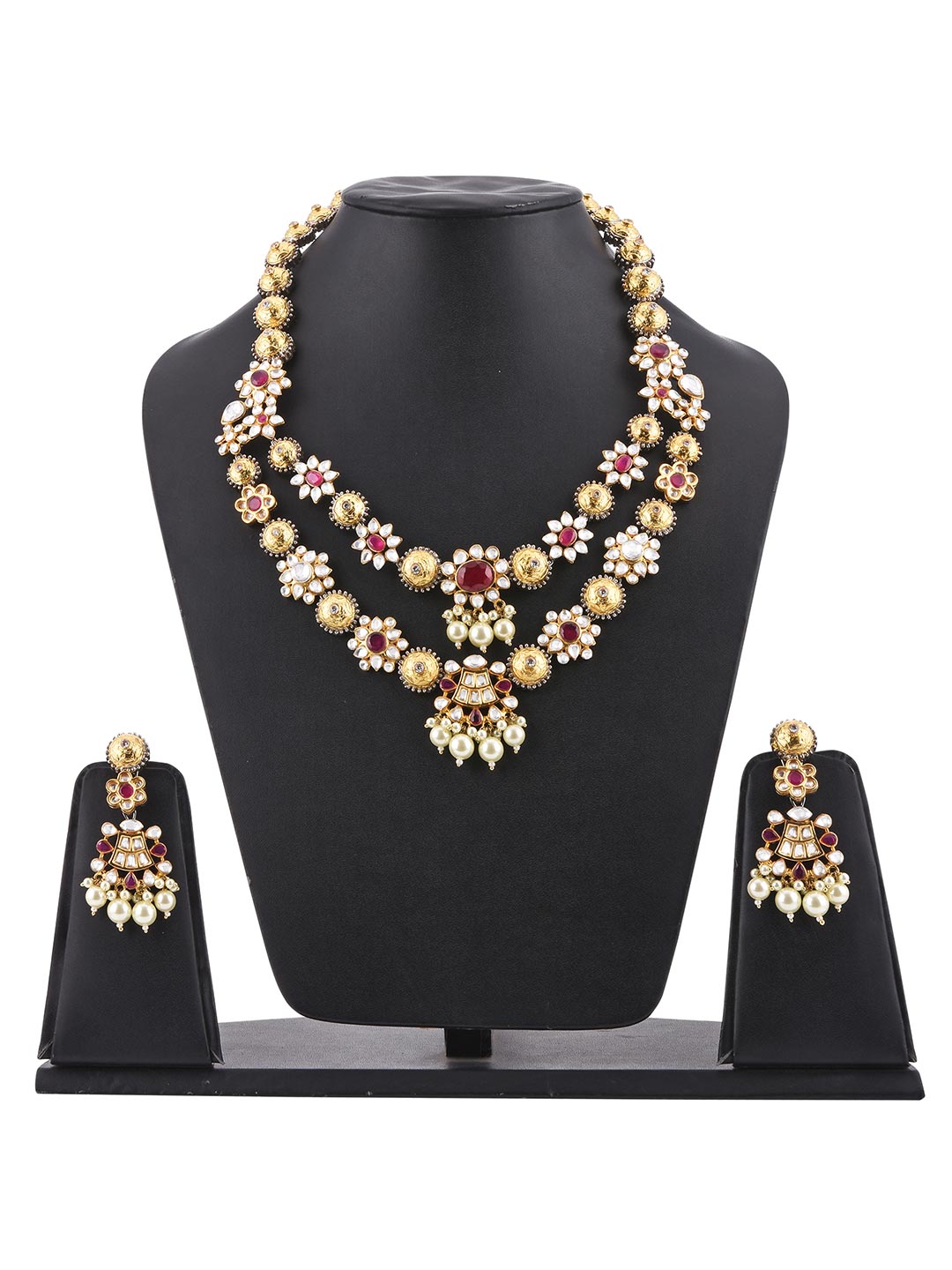 Floral Designer Kundan Red Stones Traditional Necklace Set