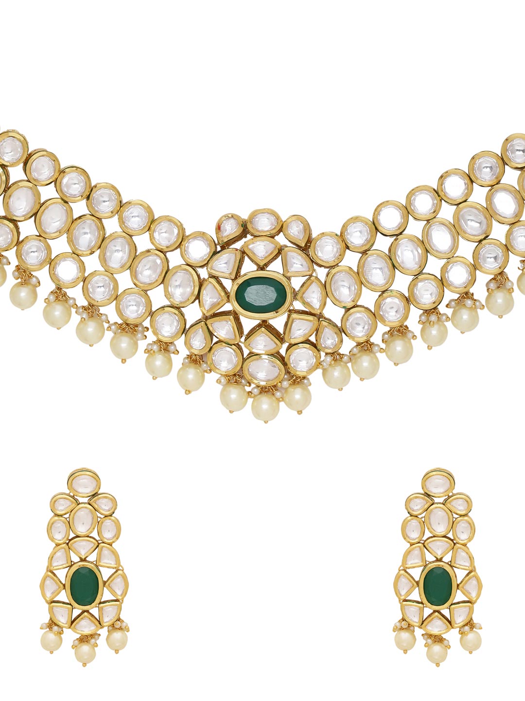 Traditional Green Stones and Pearls Designer Necklace Set