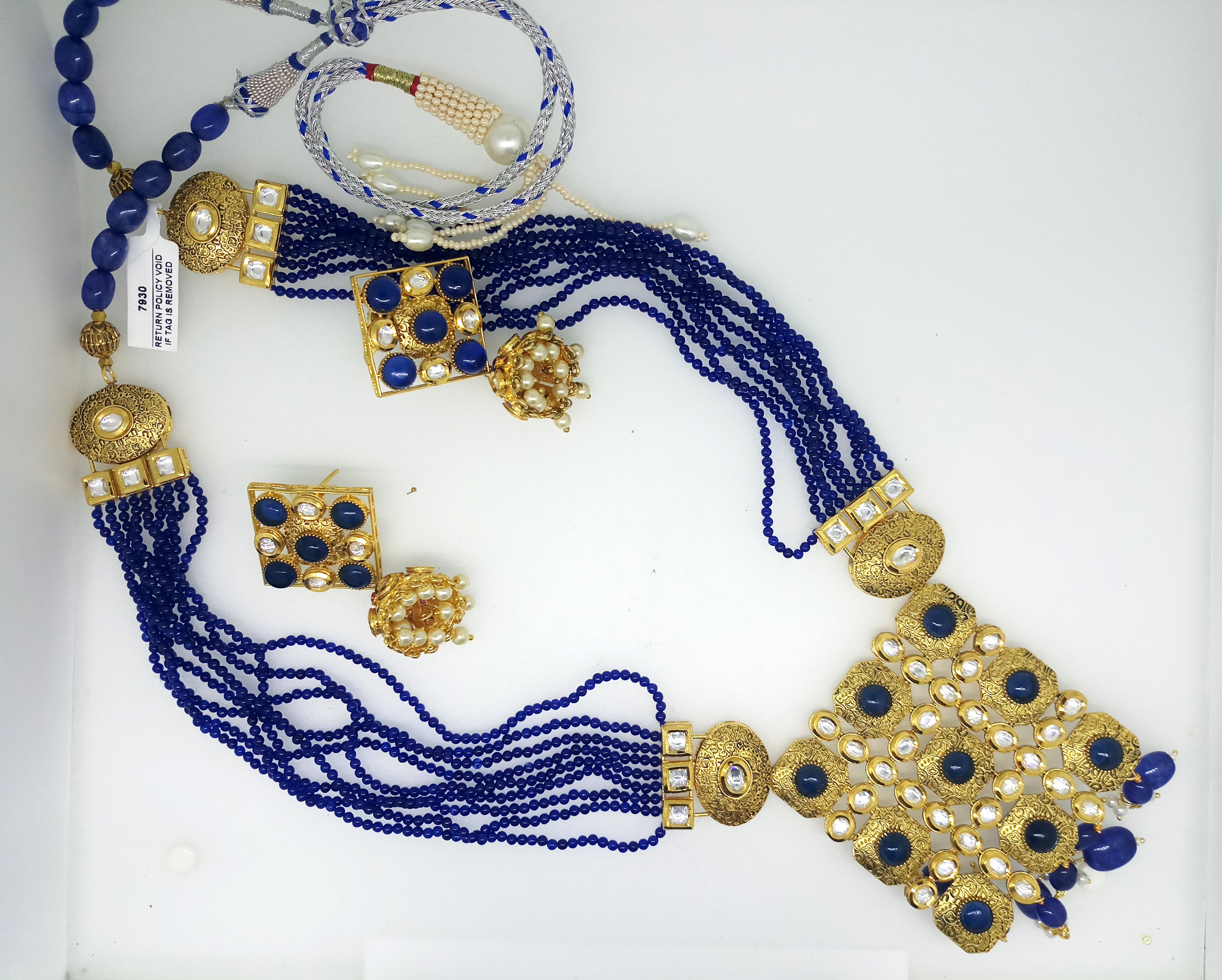Designer Blue Fine Beaded With Antique Stones Traditional Necklace Set