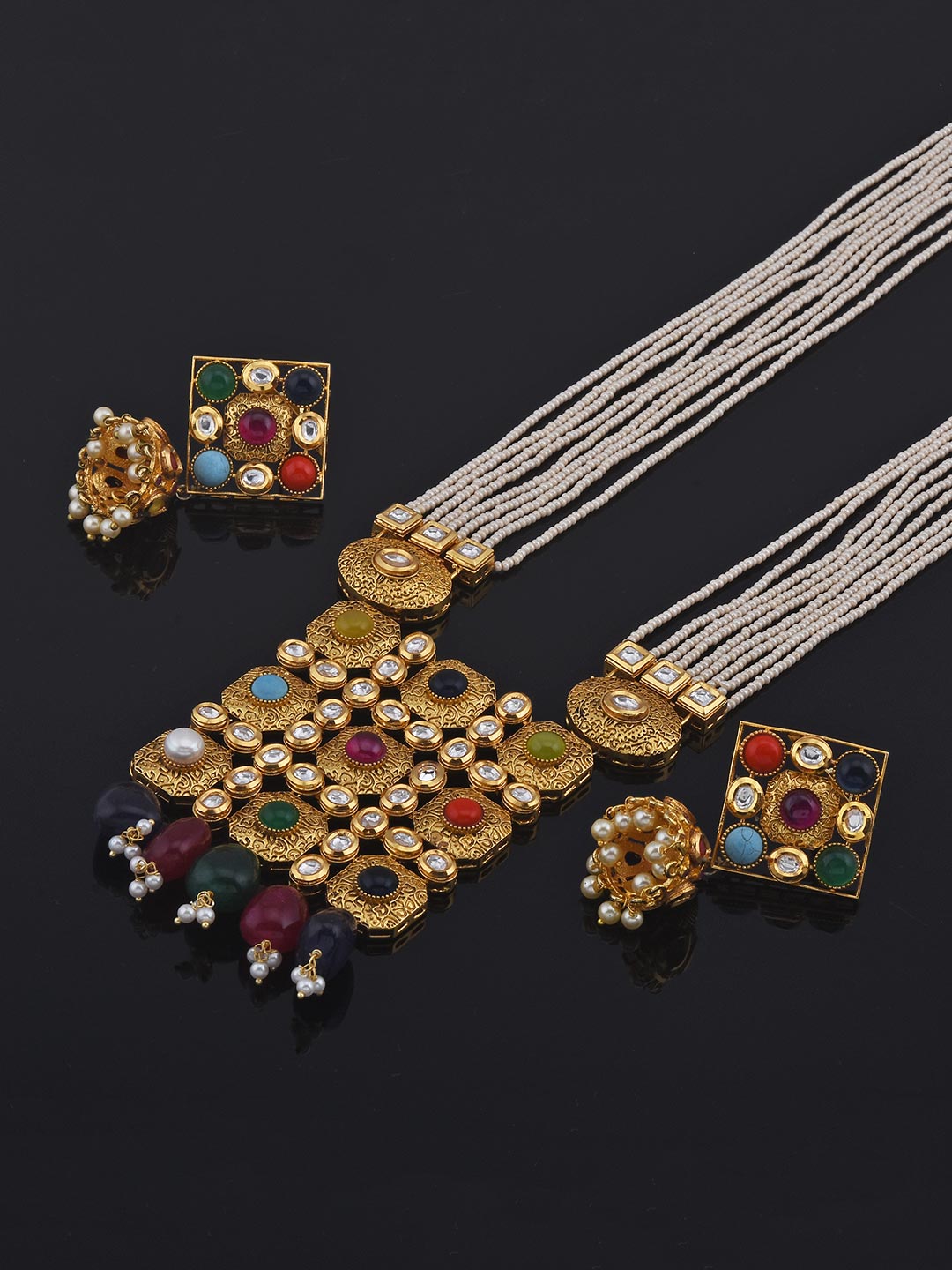 Designer Fine Beaded With Antique Colored Stones Traditional Necklace Set