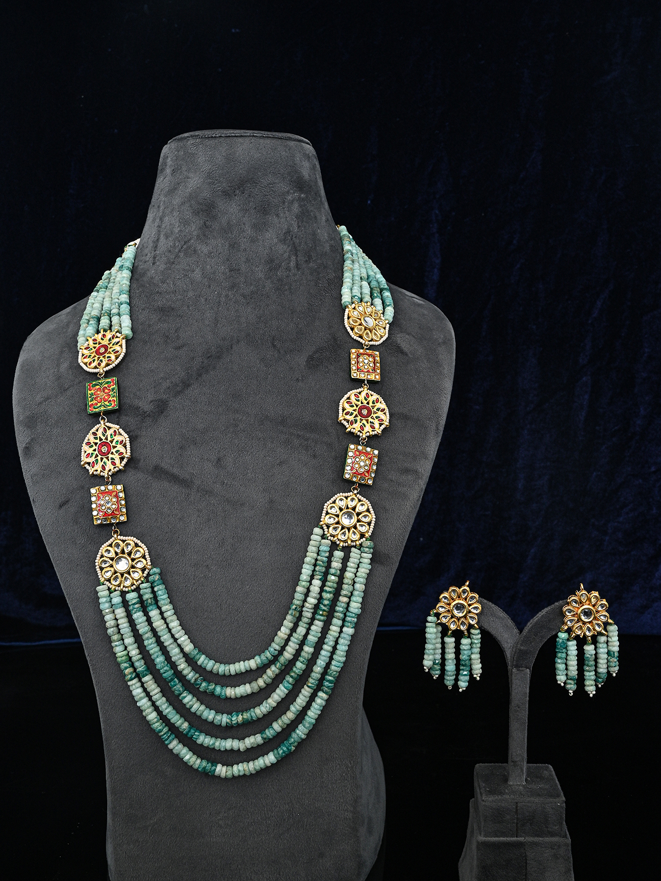 Multi Stranded Designer Kundan Meena Amazonite Beaded Necklace Set