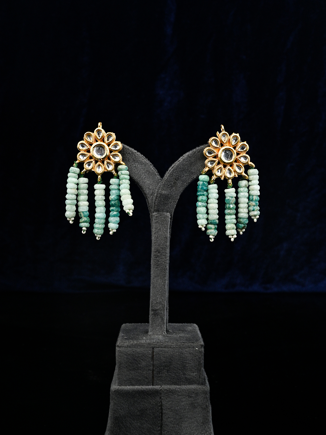 Multi Stranded Designer Kundan Meena Amazonite Beaded Necklace Set