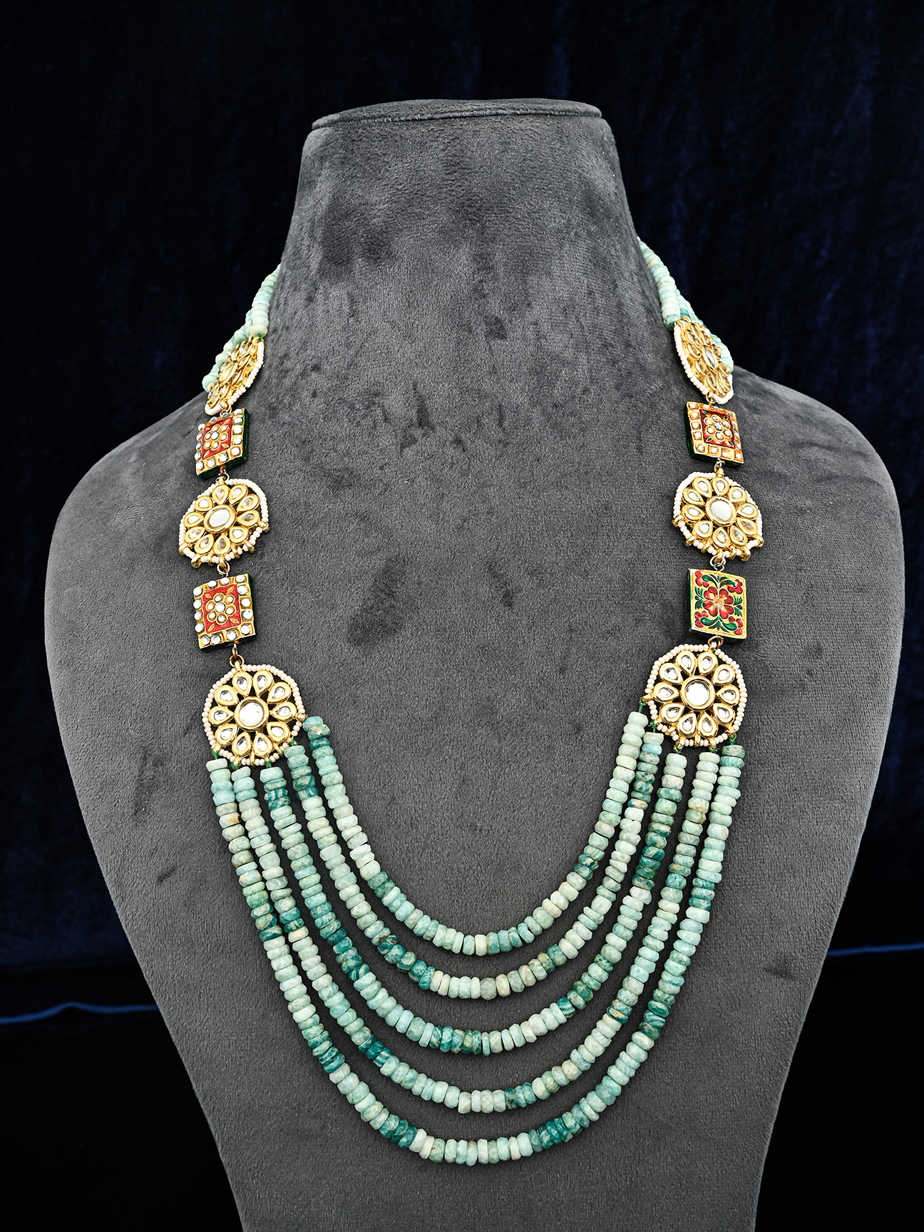 Multi Stranded Designer Kundan Meena Amazonite Beaded Necklace Set