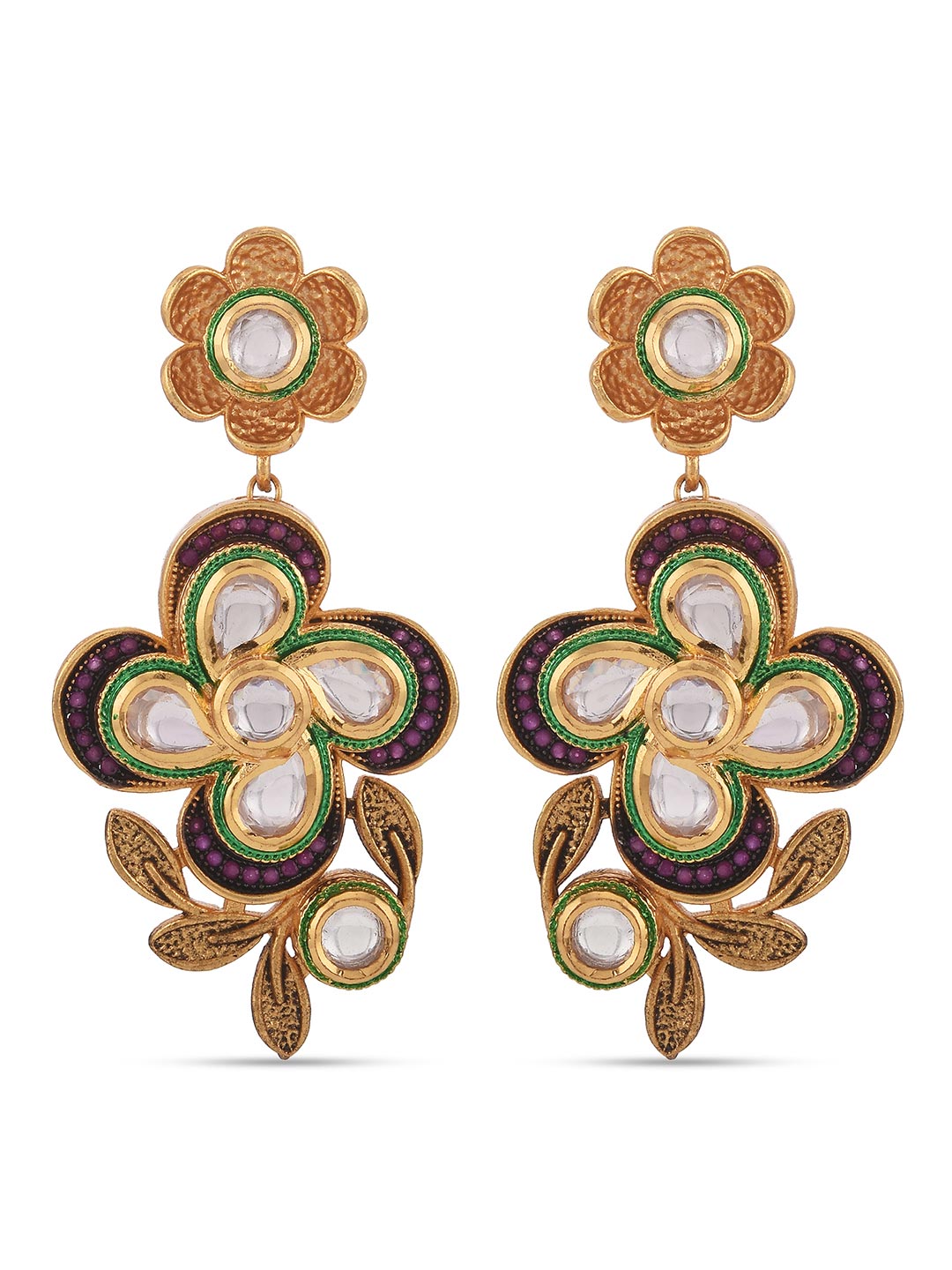 Traditional Floral Golden Colored Stones and Kundan Necklace Set