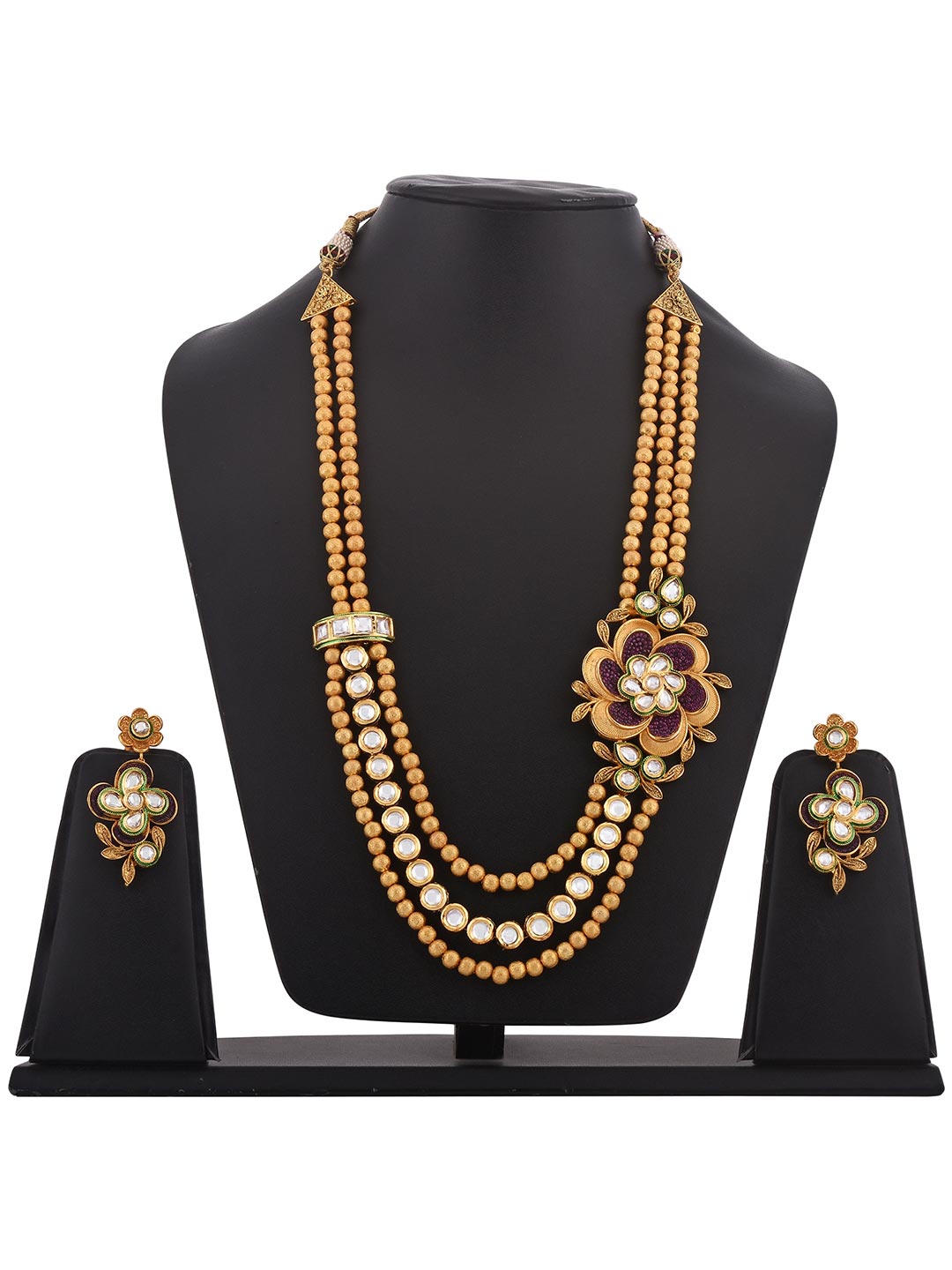 Traditional Floral Golden Colored Stones and Kundan Necklace Set