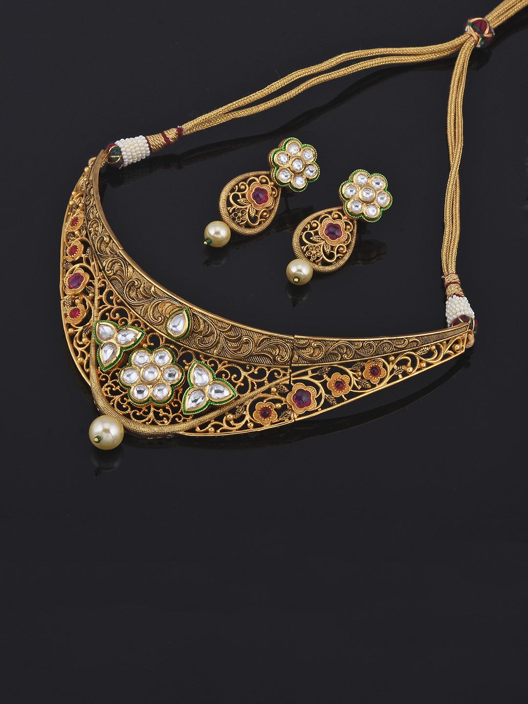 Floral Emboss and Filigree Colored Stones Golden Necklace Set