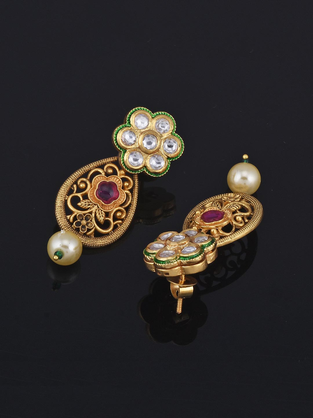 Floral Emboss and Filigree Colored Stones Golden Necklace Set