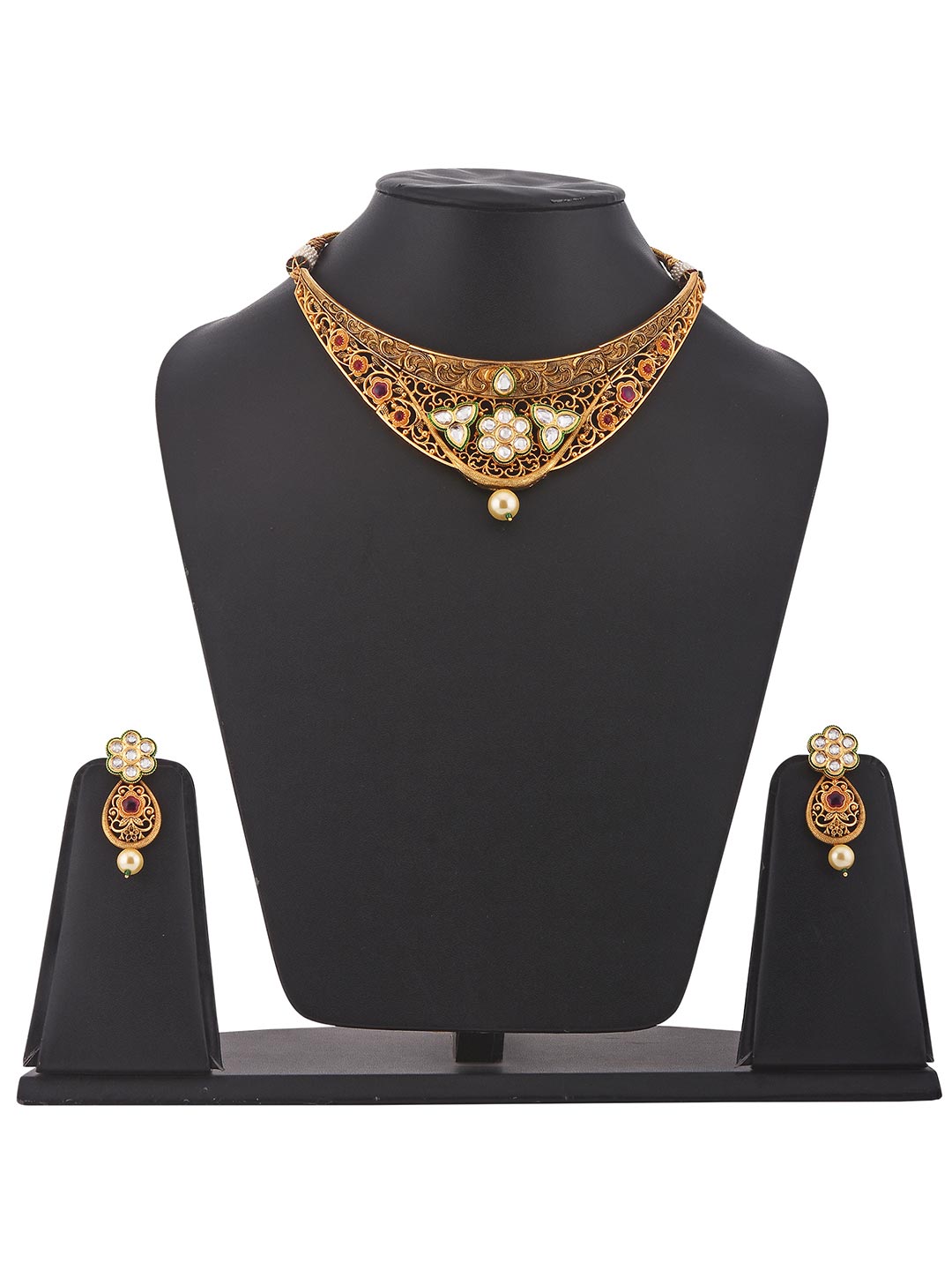 Floral Emboss and Filigree Colored Stones Golden Necklace Set