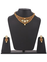 Floral Emboss and Filigree Colored Stones Golden Necklace Set