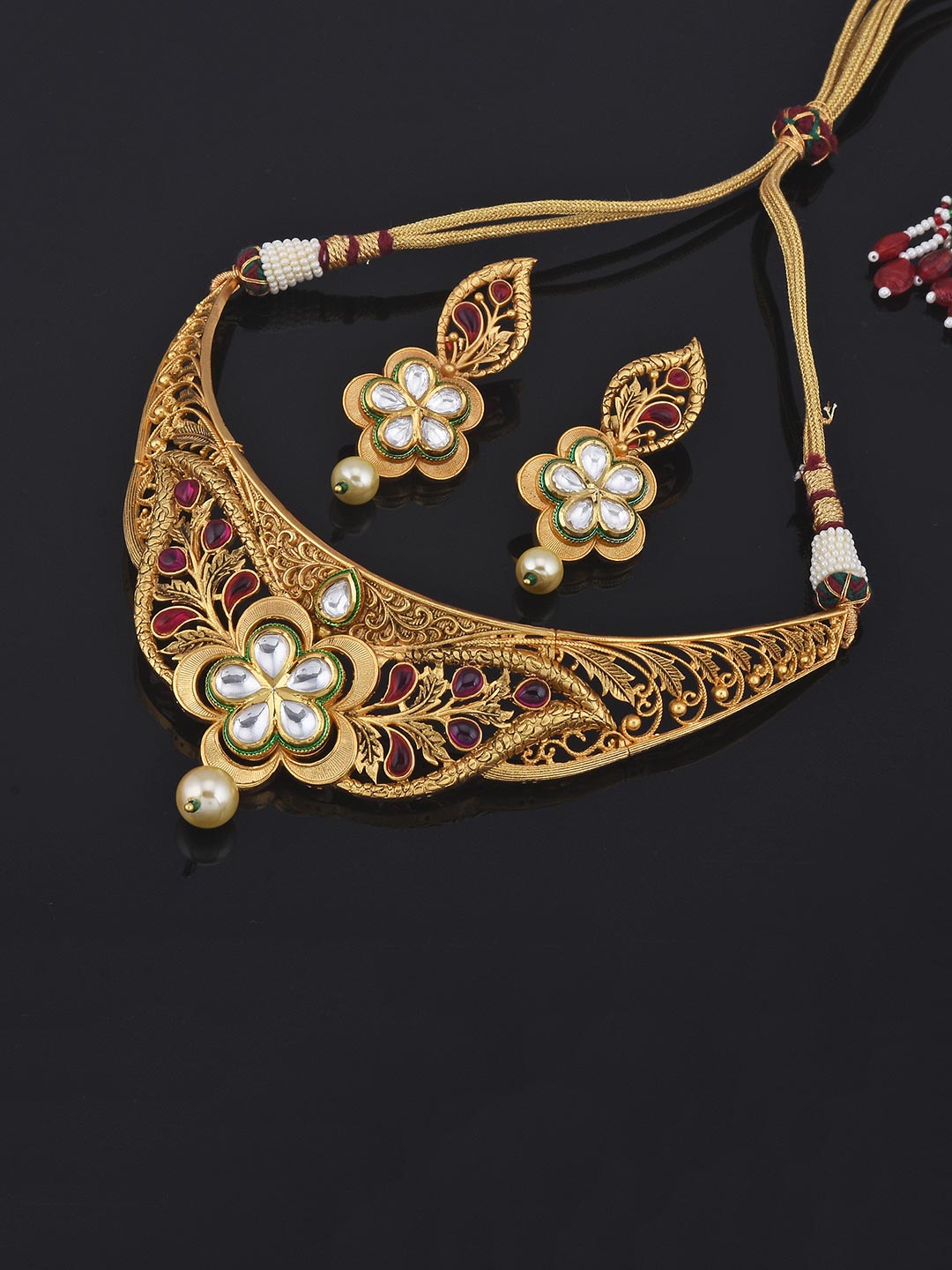 Traditional Colored Stones and Floral Filigree Necklace Set