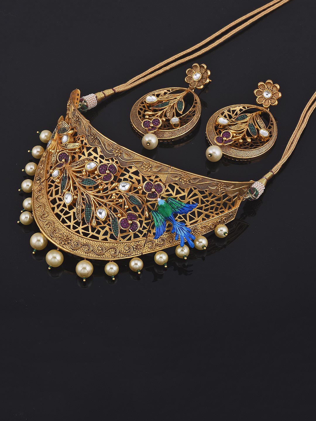 Designer Three Dimensional Floral Enameled Choker Necklace Set