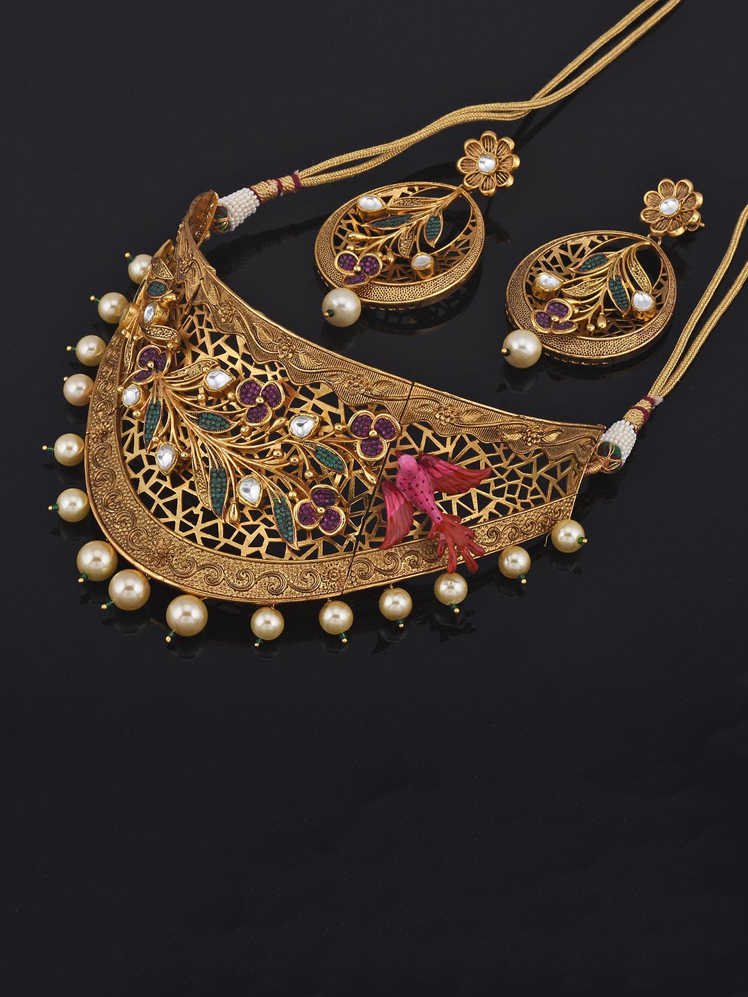 Designer Three Dimensional Floral Enameled Choker Necklace Set