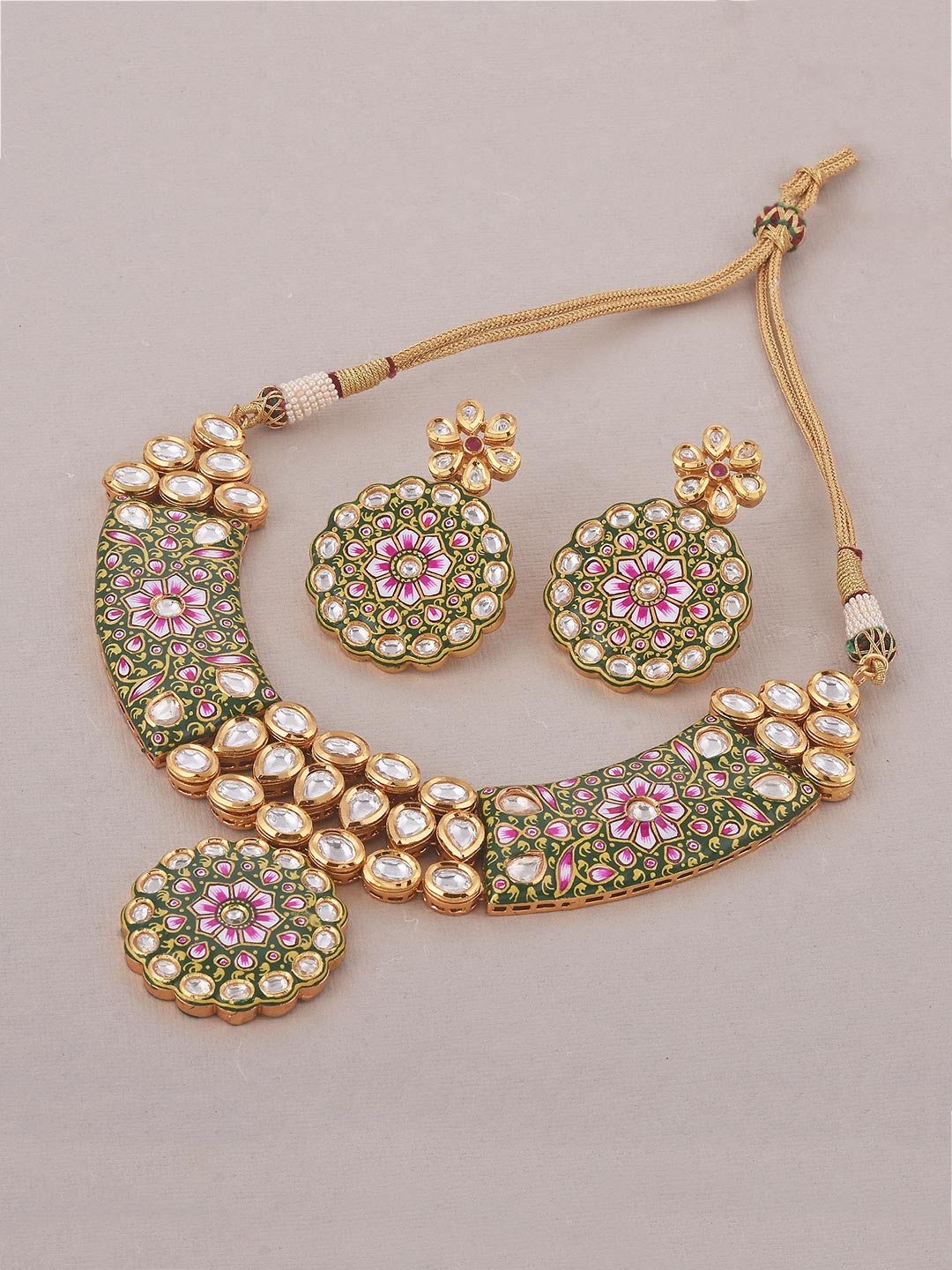 Floral Hand Made Green Meenakari Necklace Set