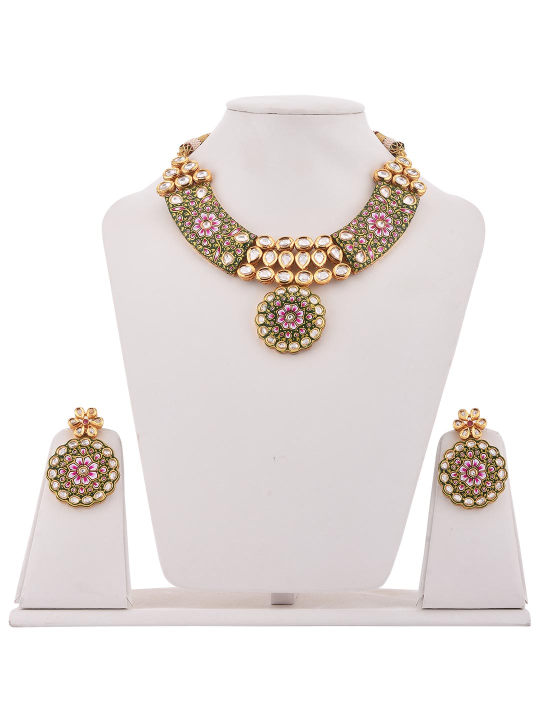 Floral Hand Made Green Meenakari Necklace Set