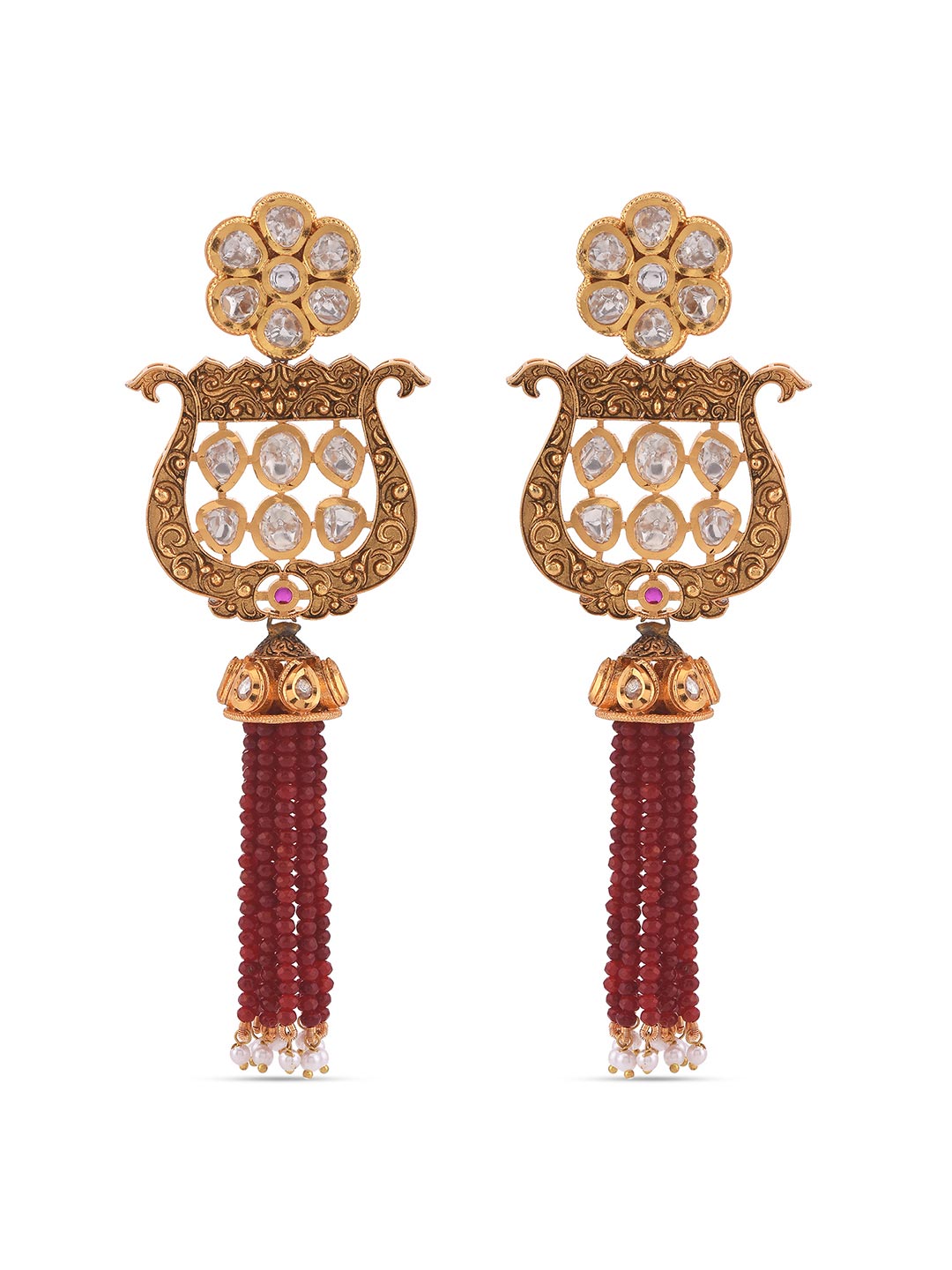 Traditional Kundan Meena Pearls and Red Beads Necklace Set