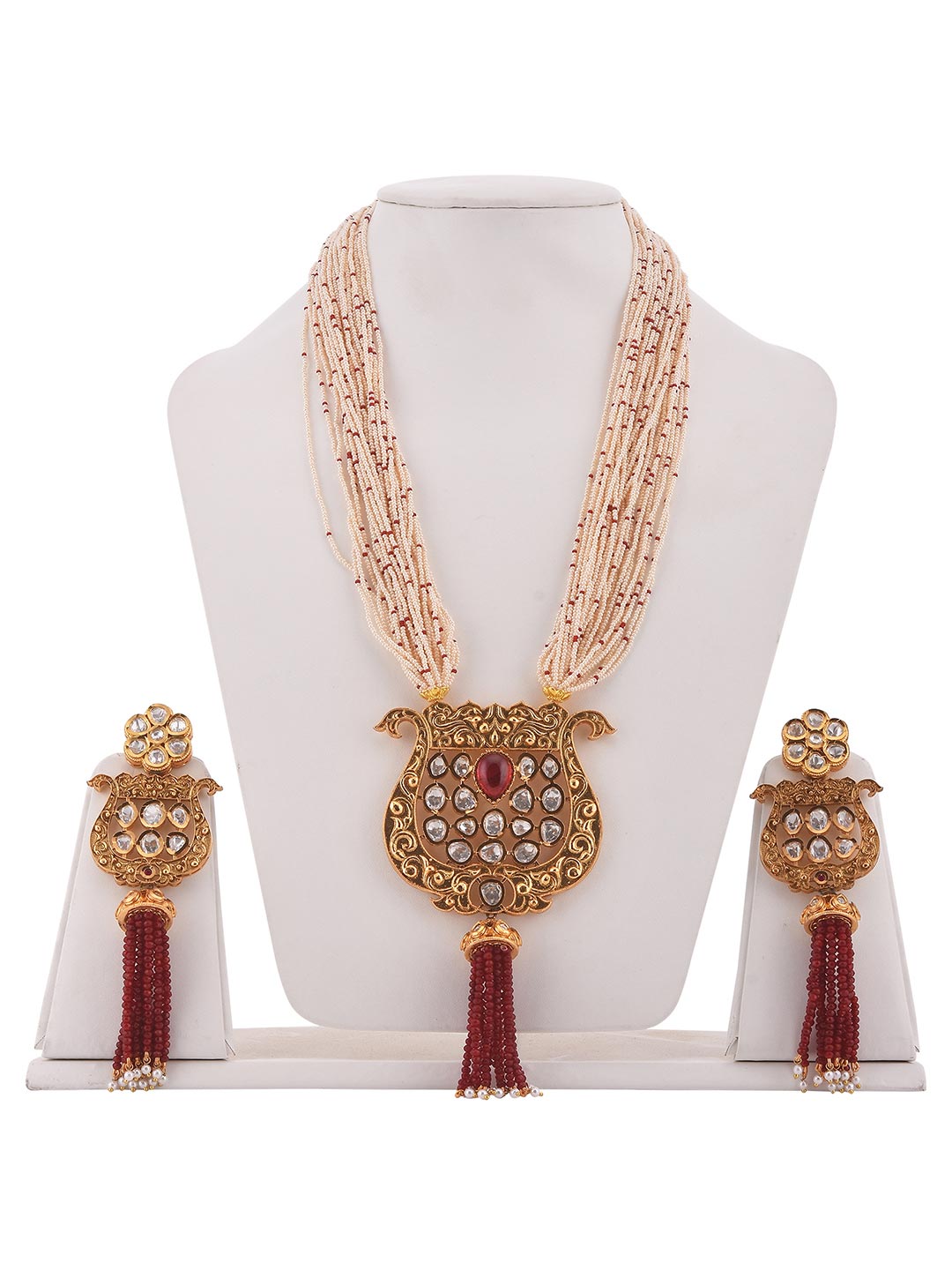 Traditional Kundan Meena Pearls and Red Beads Necklace Set