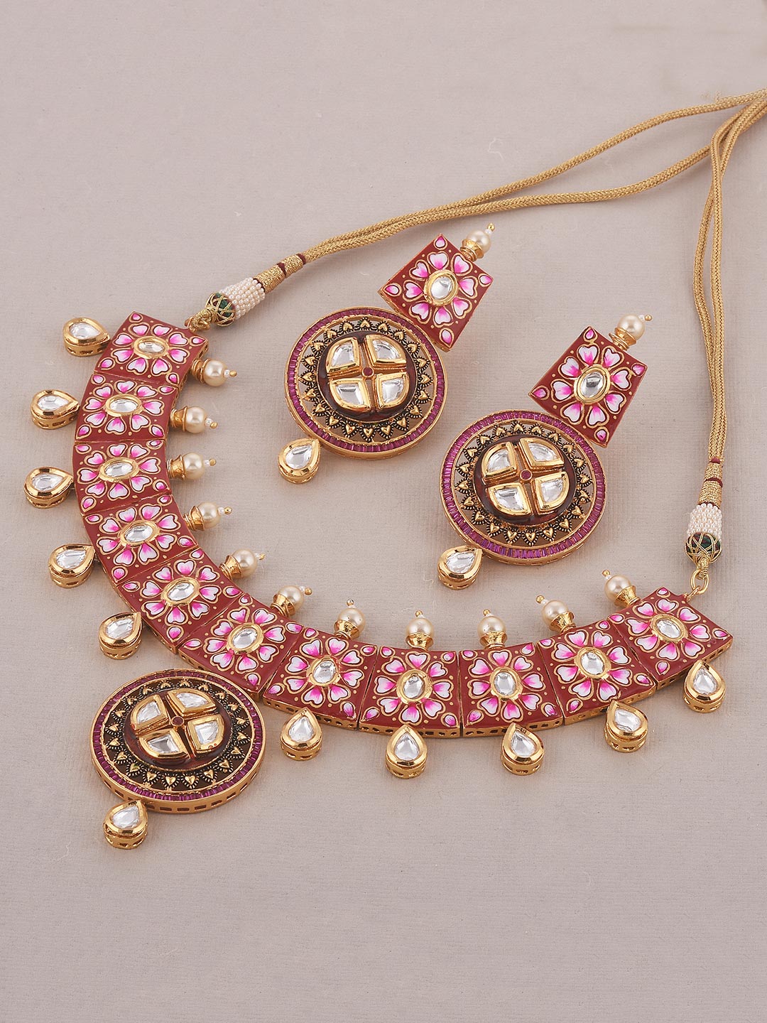 Traditional Hand Painted Red Meenakari Polki Necklace Set