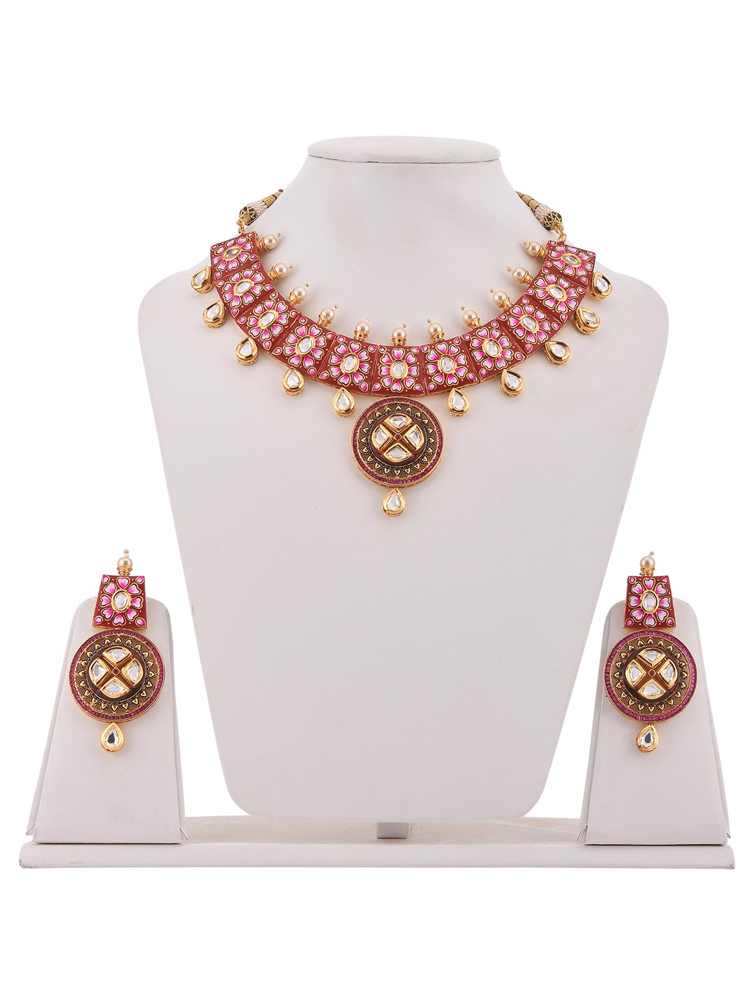 Traditional Hand Painted Red Meenakari Polki Necklace Set