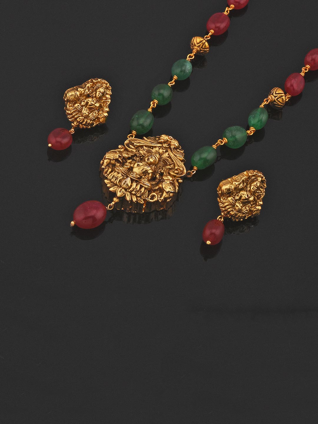 Religious Goddess Laxmi and Red Green Stones Necklace Set