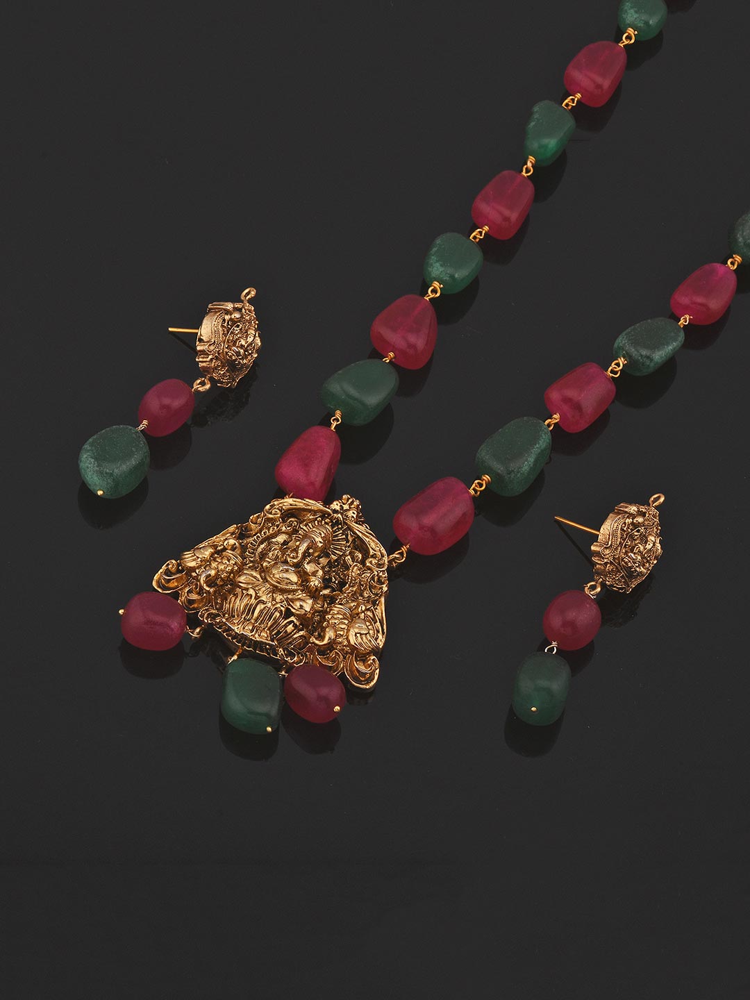 Hand Woven Big Red Green Stones And Ganesha Golden Idol Necklace Set