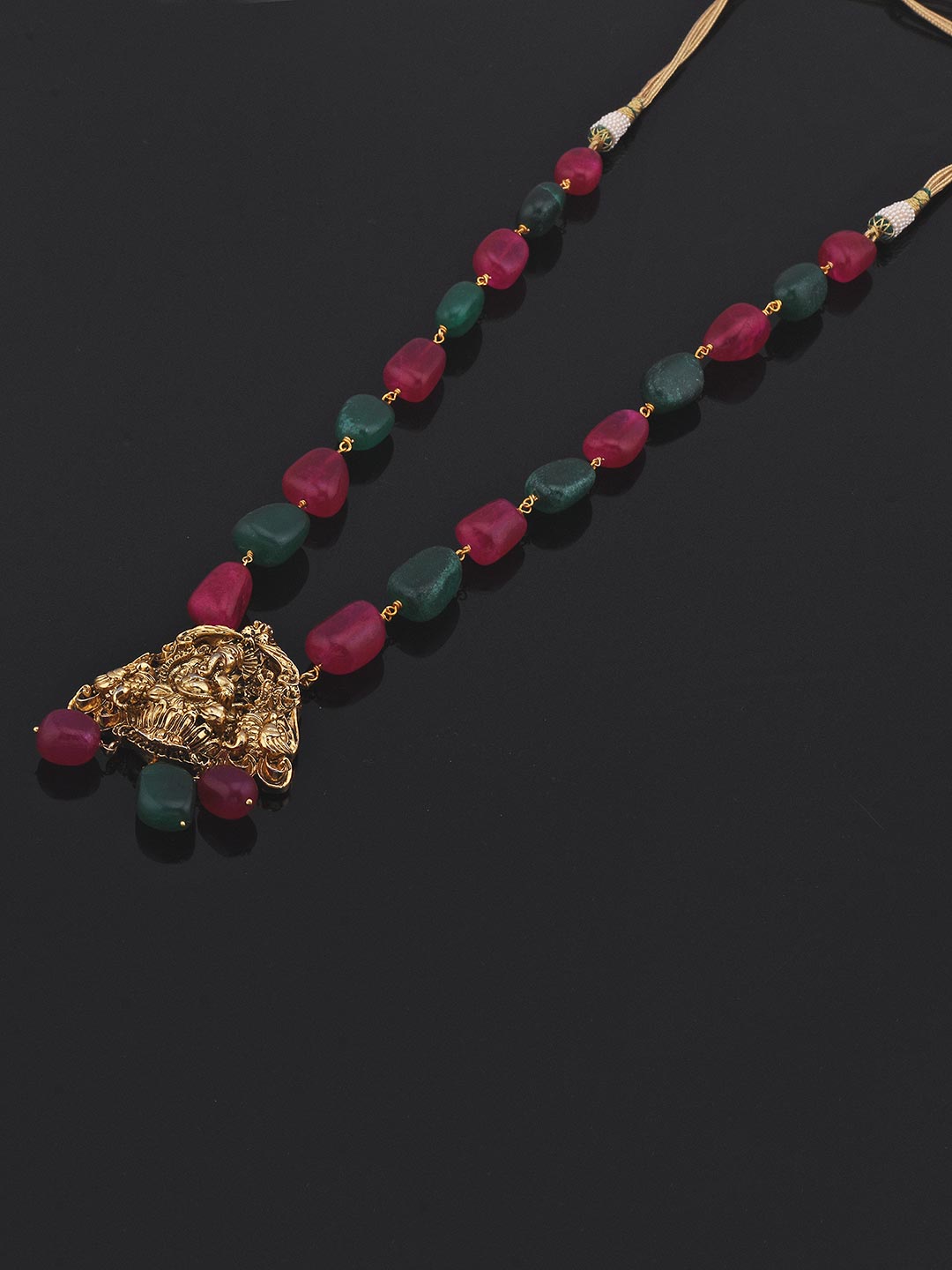 Hand Woven Big Red Green Stones And Ganesha Golden Idol Necklace Set