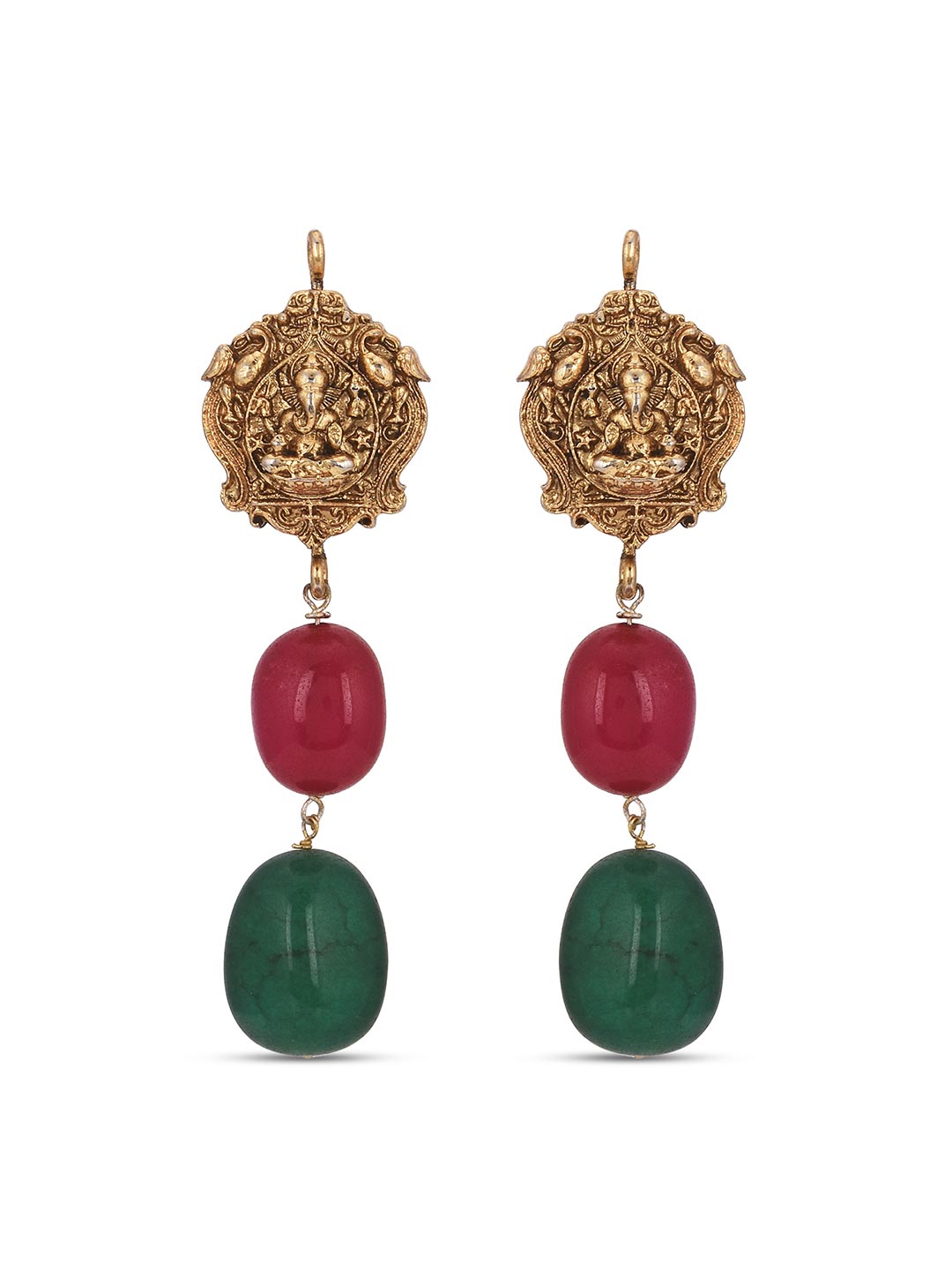 Hand Woven Big Red Green Stones And Ganesha Golden Idol Necklace Set