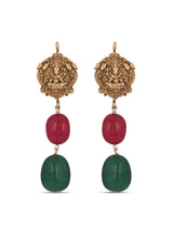 Hand Woven Big Red Green Stones And Ganesha Golden Idol Necklace Set