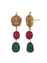 Hand Woven Big Red Green Stones And Ganesha Golden Idol Necklace Set